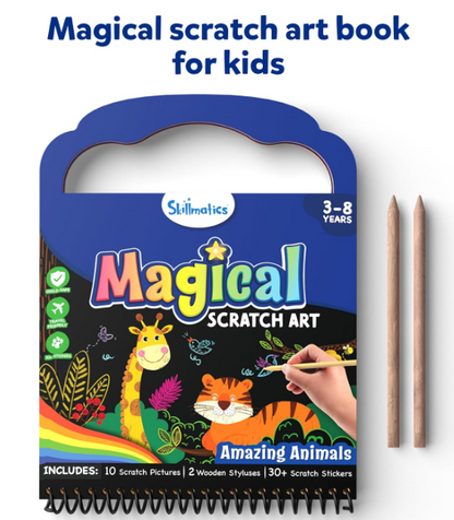 Skillmatics 子供用スクラッチアートブック - 動物、クラフトキット＆用品、30枚以上のスクラッチステッカー、旅行用おもちゃ、DIYキット、3歳、4歳、5歳、6歳、7歳、8歳の男の子と女の子へのギフト、マルチカラー