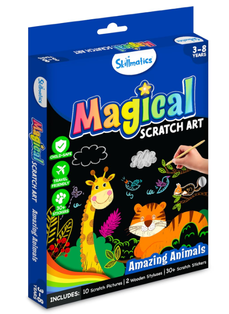 Skillmatics 子供用スクラッチアートブック - 動物、クラフトキット＆用品、30枚以上のスクラッチステッカー、旅行用おもちゃ、DIYキット、3歳、4歳、5歳、6歳、7歳、8歳の男の子と女の子へのギフト、マルチカラー