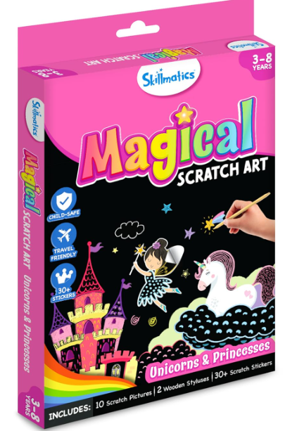 Skillmatics 子供用スクラッチアートブック - ユニコーンとプリンセス、クラフトキットと材料、30枚以上のスクラッチステッカー、旅行用おもちゃ、DIYキット、3歳、4歳、5歳、6歳、7歳、8歳の女の子と男の子へのギフト、マルチカラー