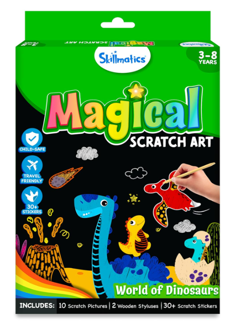 Skillmatics 子供用スクラッチアートブック - 恐竜、クラフトキット＆用品、30枚以上のスクラッチステッカー、旅行用おもちゃ、DIYキット、3歳、4歳、5歳、6歳、7歳、8歳の男の子と女の子へのギフト、マルチカラー