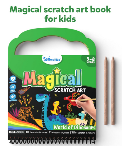 Skillmatics 子供用スクラッチアートブック - 恐竜、クラフトキット＆用品、30枚以上のスクラッチステッカー、旅行用おもちゃ、DIYキット、3歳、4歳、5歳、6歳、7歳、8歳の男の子と女の子へのギフト、マルチカラー