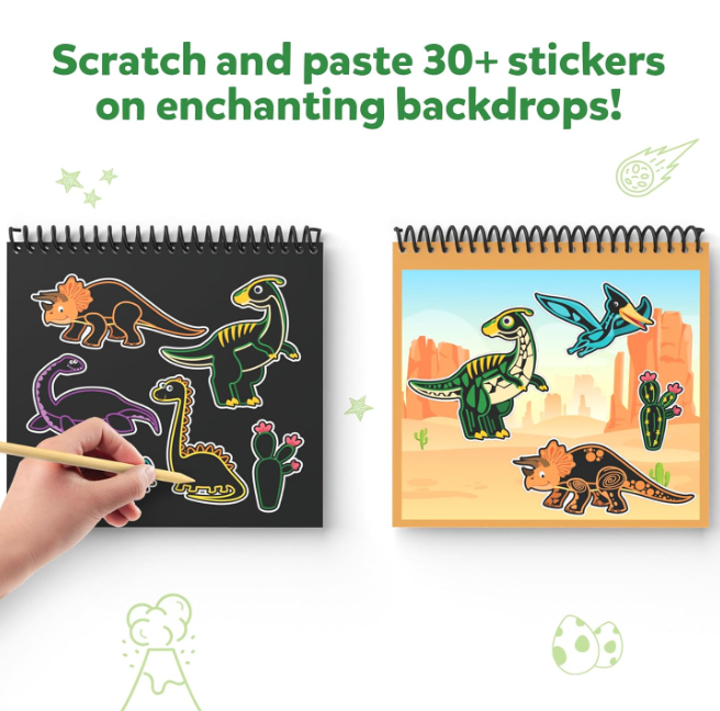 Skillmatics 子供用スクラッチアートブック - 恐竜、クラフトキット＆用品、30枚以上のスクラッチステッカー、旅行用おもちゃ、DIYキット、3歳、4歳、5歳、6歳、7歳、8歳の男の子と女の子へのギフト、マルチカラー