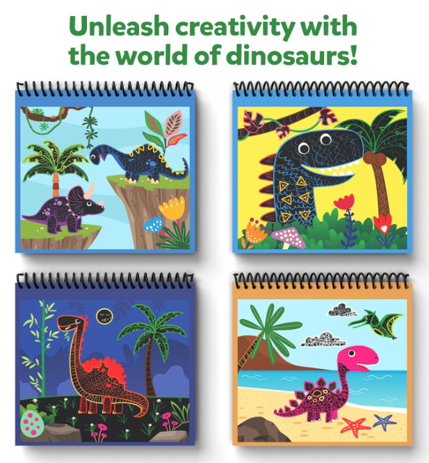 Skillmatics 子供用スクラッチアートブック - 恐竜、クラフトキット＆用品、30枚以上のスクラッチステッカー、旅行用おもちゃ、DIYキット、3歳、4歳、5歳、6歳、7歳、8歳の男の子と女の子へのギフト、マルチカラー