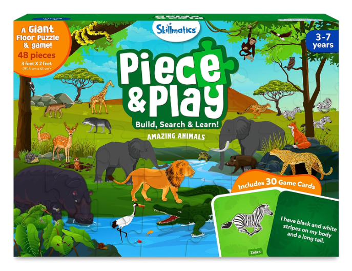 Skillmatics フロアパズル＆ゲーム - ピース＆プレイ 野生動物、ジグソーパズル＆幼児向けパズル、知育玩具、3歳、4歳、5歳、6歳、7歳の男の子と女の子へのギフト (48ピース、2 x 3フィート)