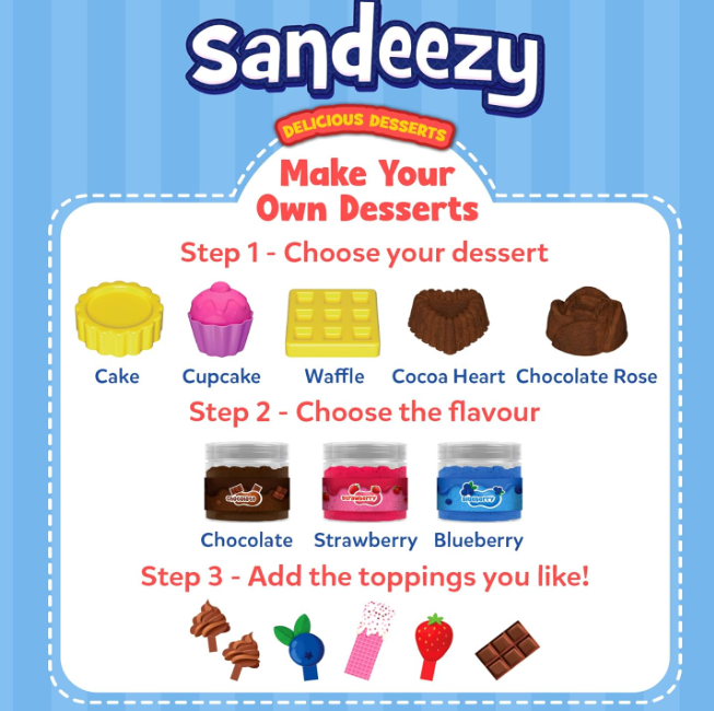 Skillmatics Sandeezy ごっこ遊び デザートセット – 型、道具、トッピング付きサンドプレイセット、子供用感覚玩具、無毒、汚れなし、創造的な室内アクティビティ、3、4、5、6、7歳