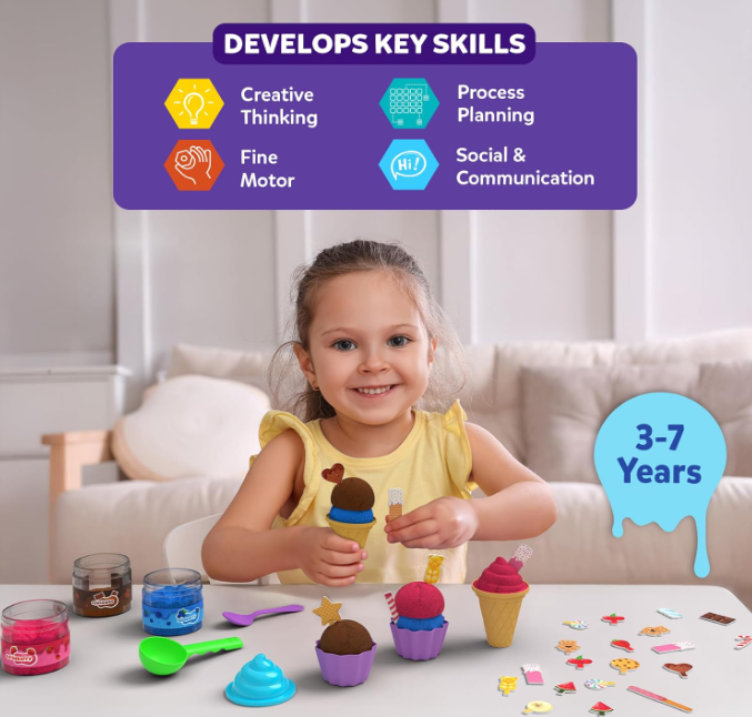 Skillmatics Sandeezy ごっこ遊び アイスクリームパーラーセット – 型、道具、トッピング付き砂遊びセット、子供用感覚玩具、無毒、汚れなし、創造的な室内アクティビティ、3、4、5、6、7歳