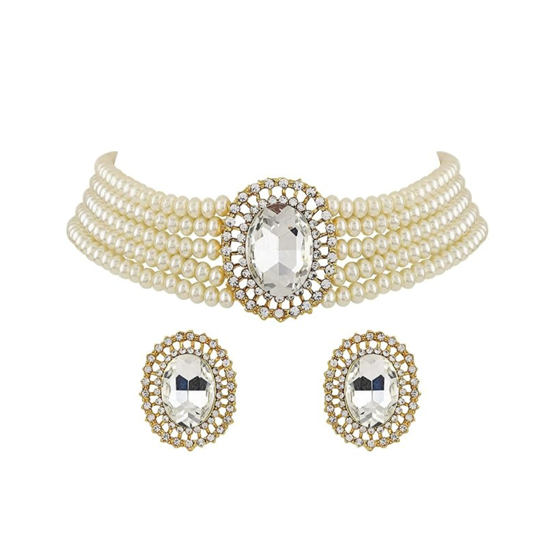 18K ゴールドメッキパールチョーカーネックレスジュエリーセット | 5層パール紐 | インド風 | インドアクセサリー クリア