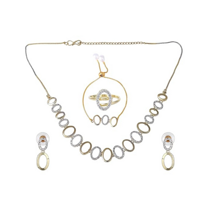 ゲヘナ ファッションジュエリーセット：チョーカーネックレス、イヤリング、ブレスレット、リングのコンボ｜女性向けゴールド＆ロジウムメッキ｜スタイリッシュでエレガントなアメリカンダイヤモンドジュエリーセット