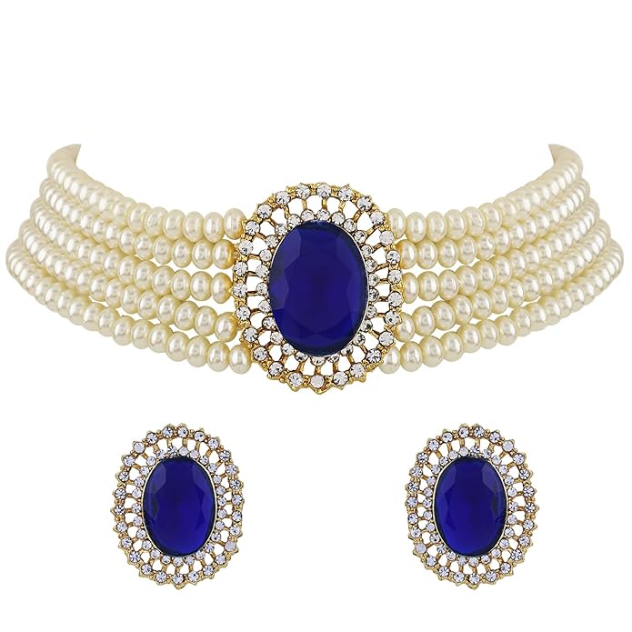 18K ゴールドメッキパールチョーカーネックレスジュエリーセット | 5層パール紐 | インド風 | インドアクセサリー ブルー
