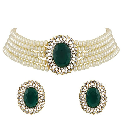 18K ゴールドメッキパールチョーカーネックレスジュエリーセット | 5層パール紐 | インド風 | インドアクセサリー